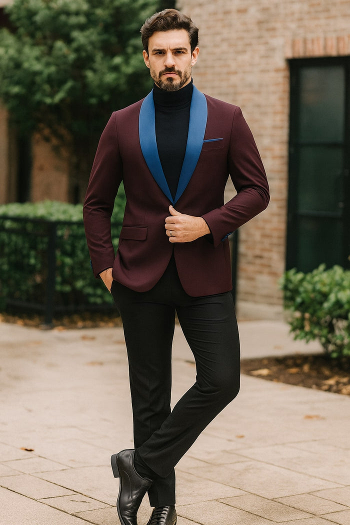 Mens Burgundy Tuxedo Dinner Jacket Blazer with Blue Satin Shawl Lapel  Wedding and Party Jacket - Image 4