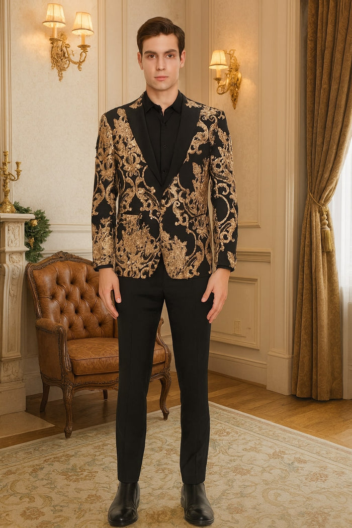 Mens Black and Rose Gold Floral Embroidered Blazer Suit Black Pants – Luxury Tuxedo Jacket for Weddings, Proms and Parties - Image 4