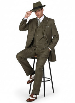 Mens Olive Green Pinstripe Zoot Suit – 1920s Gangster Vintage 3-Piece Suit for Formal and Themed Events