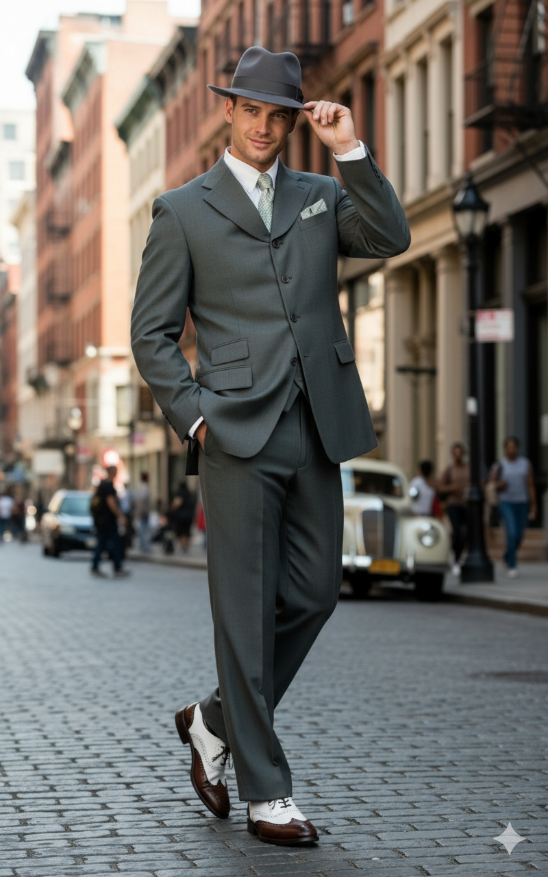 Men’s 1920s Olive Zoot Suit  – 4 Buttons  Gangster Wide Lapel Long Jacket 3-Piece Suit in Olive Color Classic Fit Pleated Pants