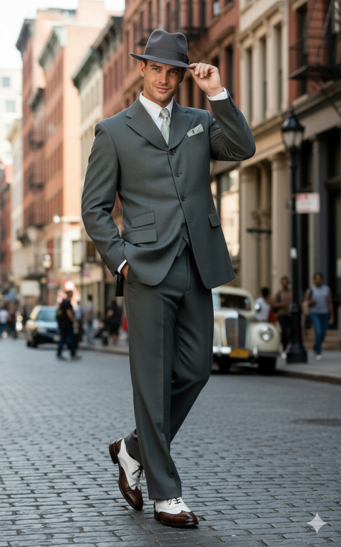 Men’s 1920s Olive Zoot Suit  – 4 Buttons  Gangster Wide Lapel Long Jacket 3-Piece Suit in Olive Color Classic Fit Pleated Pants