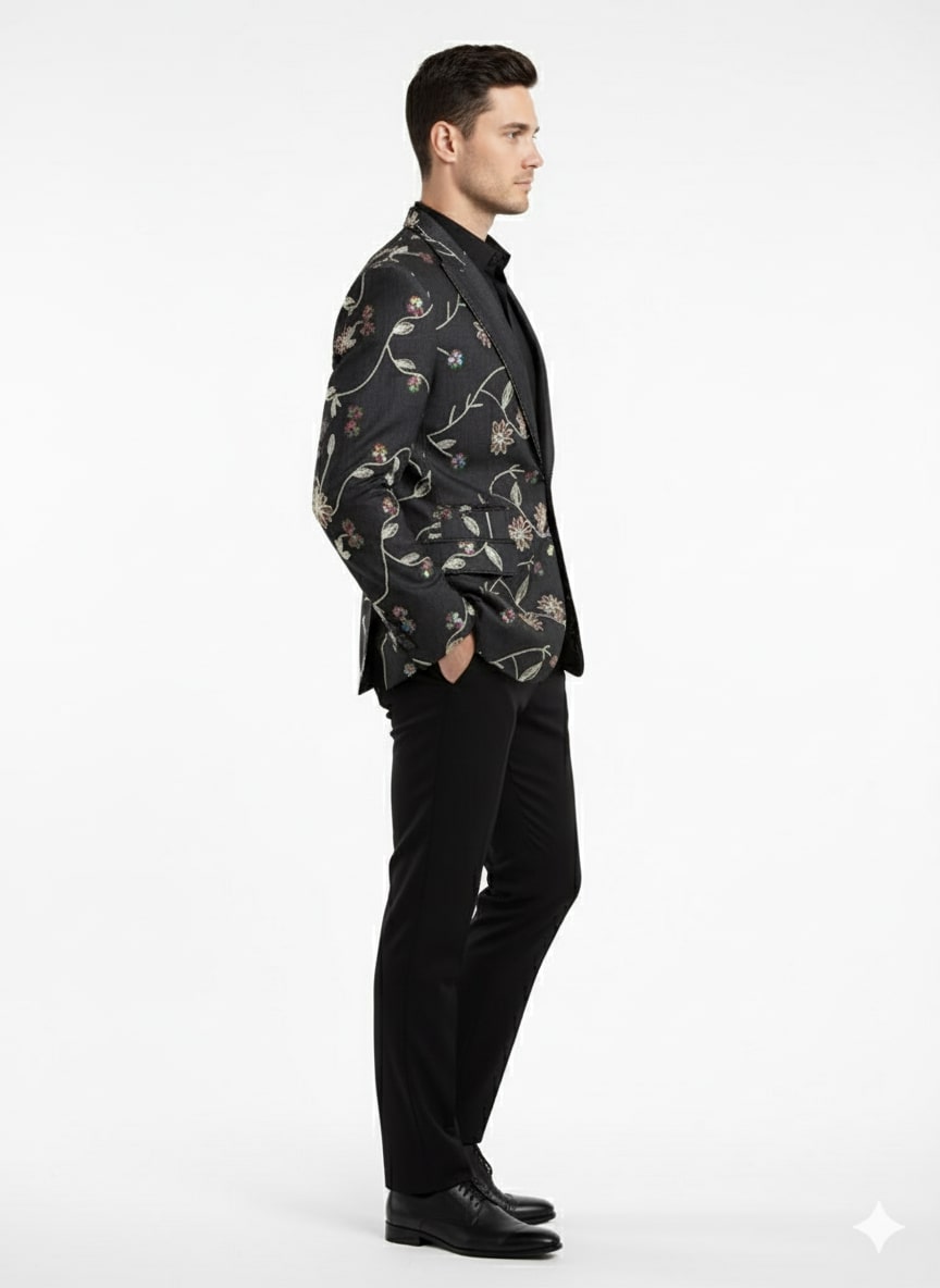 Luxury Black Floral Embroidered Blazer for Men – Designer Party and Wedding Wear Jacket - Image 4