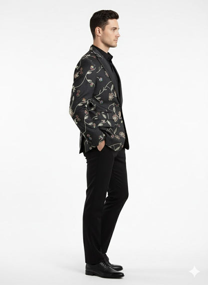 Luxury Black Floral Embroidered Blazer for Men – Designer Party and Wedding Wear Jacket - Image 4