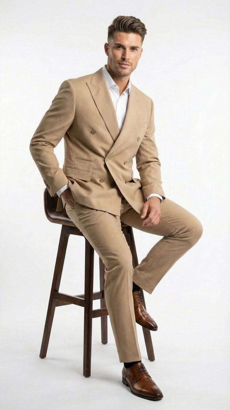 Vitali Brand Men’s Beige Double Breasted Suit – Classic Wedding, Prom & Party Wear Formal Outfit Khaki Camel Color