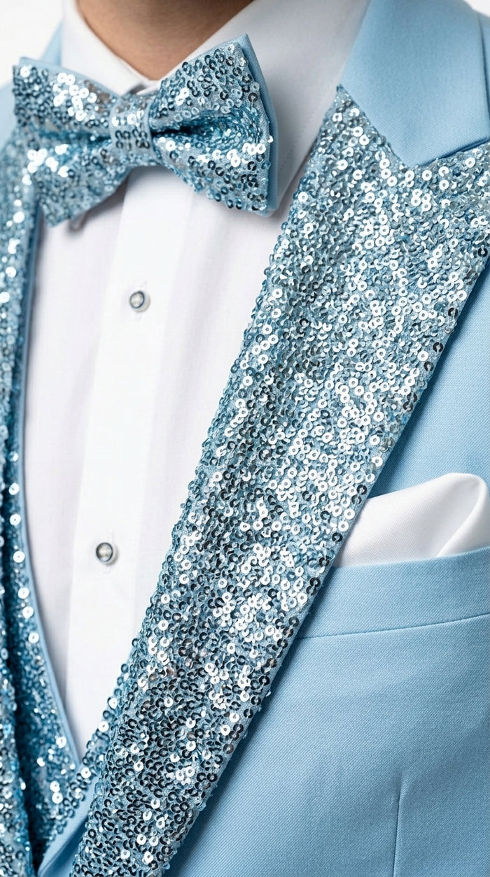 Sky Blue Prom Tuxedo - Perfect Wedding Suit Vested Rhinestone sequin Lapelled