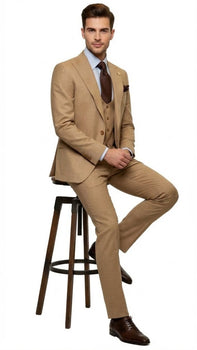Men's Tan Three-Piece Suit with Vest – Classic Tailored Fit  in camel khaki Bronze color By Rossiman - Image 4