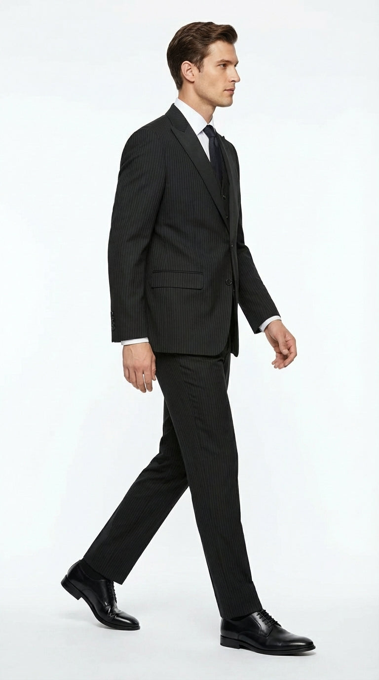 Vitali Mens Black Tone on Tone Shadow Stripe Vested Suit Set – 3 Piece Modern Fit Pinstripe Two Buttons Modern Fit