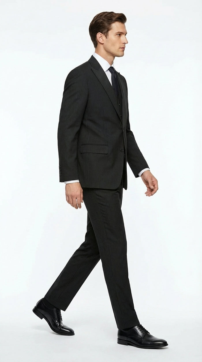 Vitali Mens Black Tone on Tone Shadow Stripe Vested Suit Set – 3 Piece Modern Fit Pinstripe Two Buttons Modern Fit