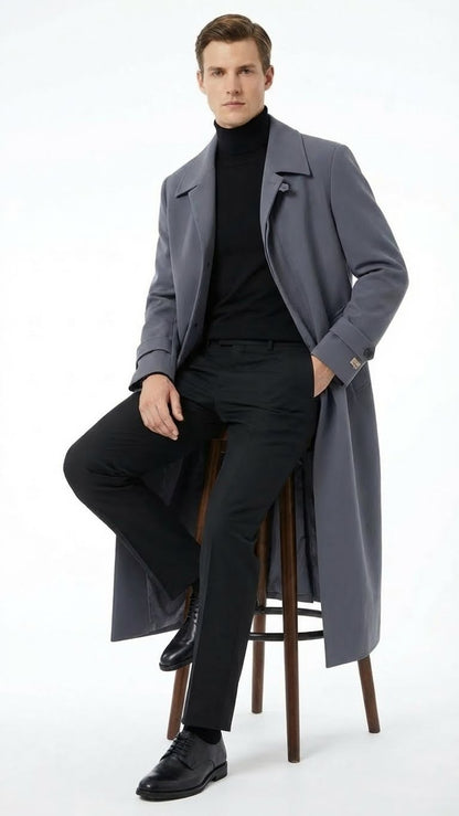 Men’s Full-Length Charcoal Grey Overcoat – Premium Microfiber Blend Long Dress Coat for Winter and Formal Wear in Gray Color