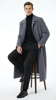 Men’s Full-Length Charcoal Grey Overcoat – Premium Microfiber Blend Long Dress Coat for Winter and Formal Wear in Gray Color