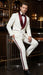 Men’s Ivory and Burgundy Jacquard Tuxedo Suit – Luxury Slim Fit 3-Piece Formal Wedding, Prom, and Gala Outfit in Cream Off White Color