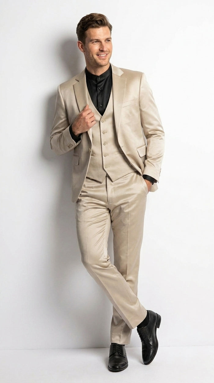Mens 3-Piece Slim-Fit Shiny All Satin Suit Champagne