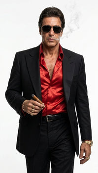 Tony Montana’s Black Blazer with Red Sateen Shirt – Men’s Black Formal Blazer and Red Satin Style Shirt Outfit for Party, Wedding and Vintage Wear