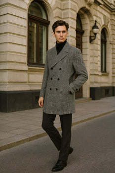 Mens Grey Plaid Double-Breasted Overcoat with Black Faux Fur Collar – Classic Winter Peacoat - Image 4