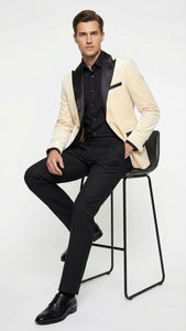 Men’s Ivory Dinner Jacket - Cream Velvet Blazer with Black Satin Lapel | Wedding and Party Formal Sport Coat in off white