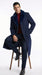 Men’s Dark Navy Blue Long Overcoat with Faux Fur Collar, Classic Winter Dress Coat for Formal