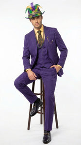 Men’s Purple Pinstripe Mardi Gras Suit | Three Piece Carnival Formal Suit with Vest