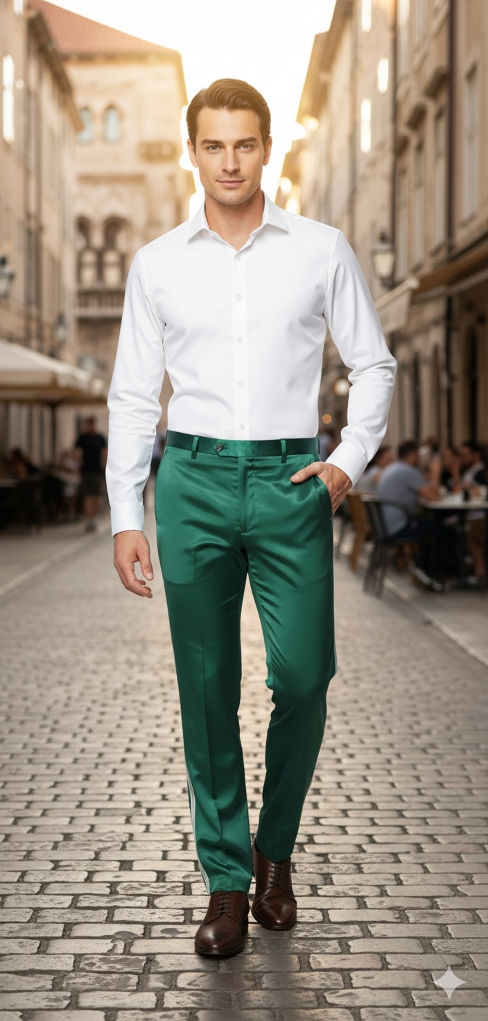 Mens Emerald Green Satin Slim Fit Dress Pants – Shiny Formal Party and Wedding Trousers - Image 4