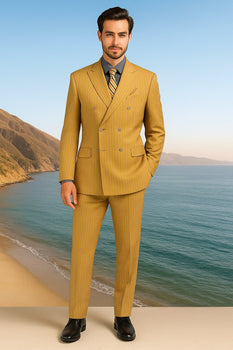 Mens Camel Tan Pinstripe Double-Breasted Suit – Bold 6-Button Modern Vintage Style - Image 4