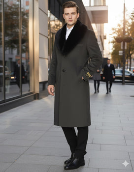 Mens Full Length Olive Overcoat with Black Fur Collar – Luxury Wool Fabric Winter Long Coat in Hunter Green - Image 4