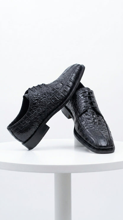 Men’s Los Altos Black Gator Belly Dress Shoes with Lace Up Front, Exotic Style Formal Shoes