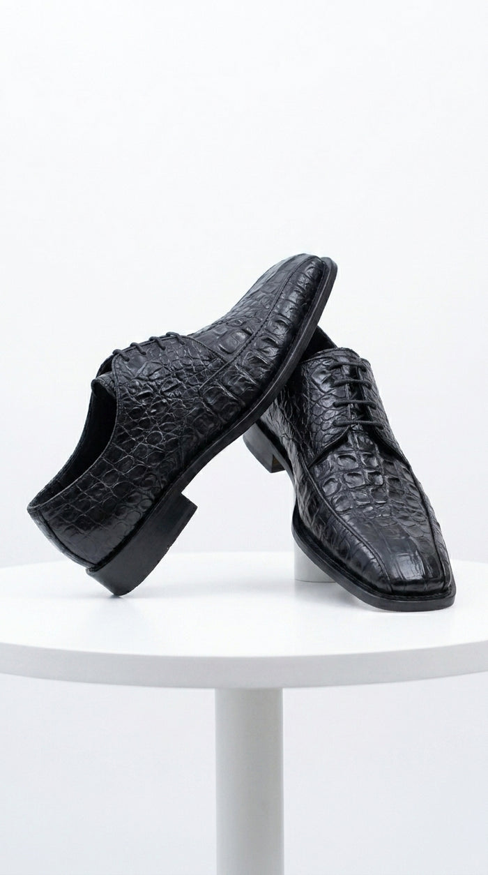 Men’s Los Altos Black Gator Belly Dress Shoes with Lace Up Front, Exotic Style Formal Shoes