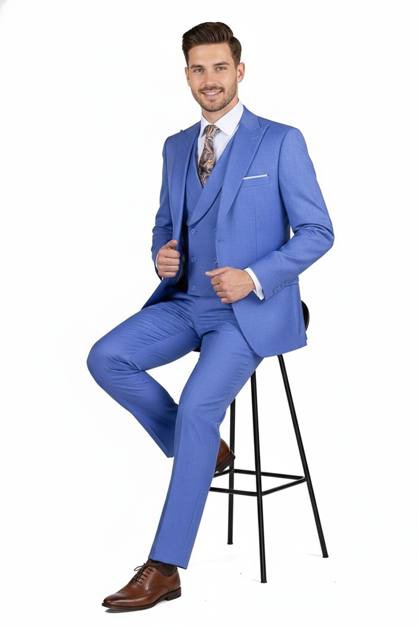 Men’s Light Blue Double-Breasted 3-Piece Suit Set – Tailored Fit Formal Business Suit in Steel Blue Sky Blue Color Modern Fit