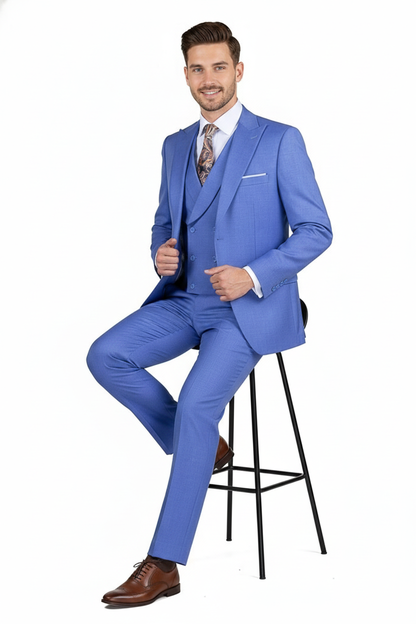 Men’s Light Blue Double-Breasted 3-Piece Suit Set – Tailored Fit Formal Business Suit in Steel Blue Sky Blue Color Modern Fit