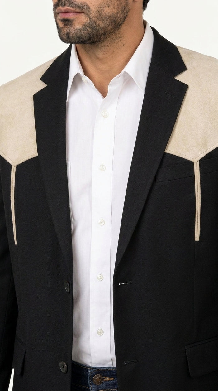 Men’s Black & Bone Tan Western Blazer – Cowboy Sport Coat with Suede Yoke for Rodeo, Ranch & Country Wear