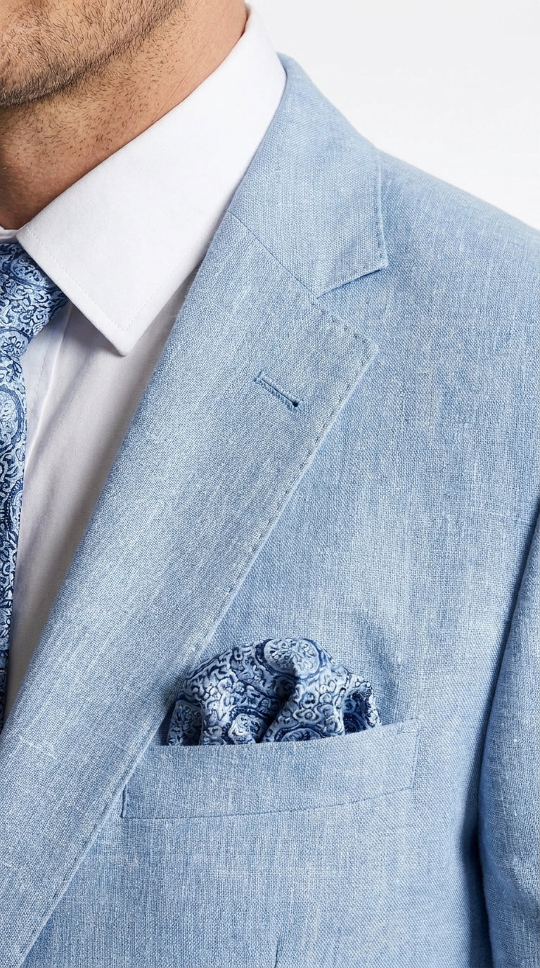 Men’s Light Blue Linen Summer Suit – Two Button Blazer with Elbow Patch Sleeves
