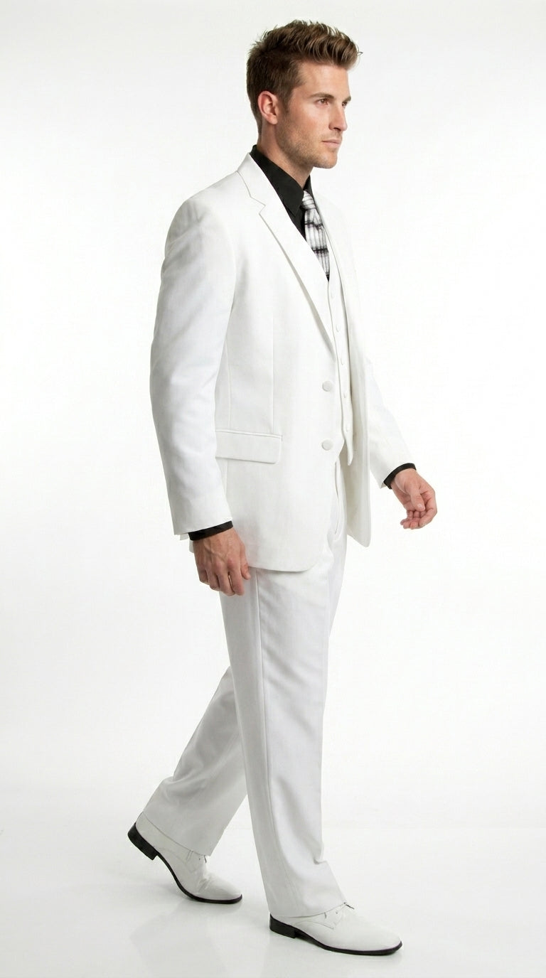 Men’s All White Classic 3 Piece Suit with High Vest, 3 Button Jacket and Pleated Pants