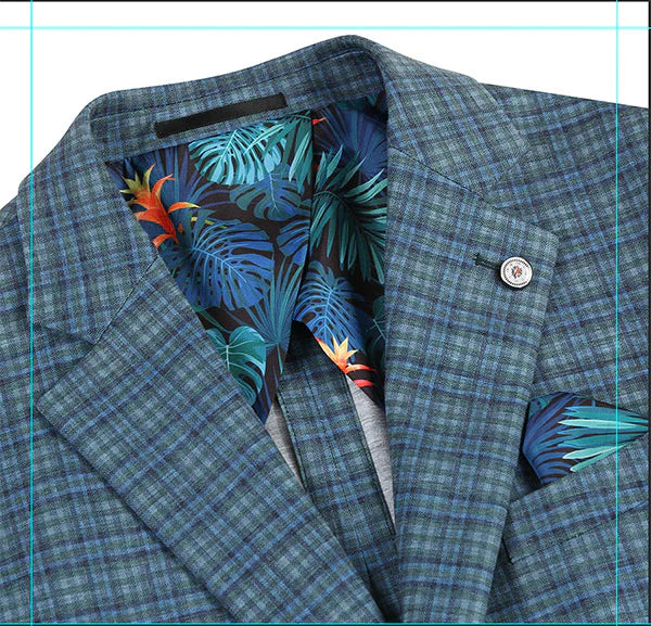 Half Canvas Slim Fit Blazer in Green Blue Check - Image 4