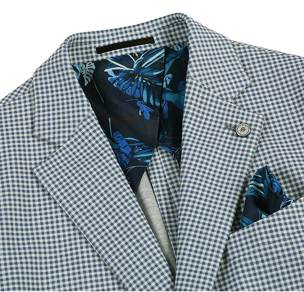 Half Canvas Slim Fit Blazer in Sage Blue Check - Image 4