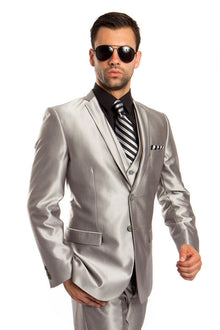 Graduation Suit - Men's Two Button Vested Shiny Sharkskin Wedding & Prom Fashion Suit in Silver Grey