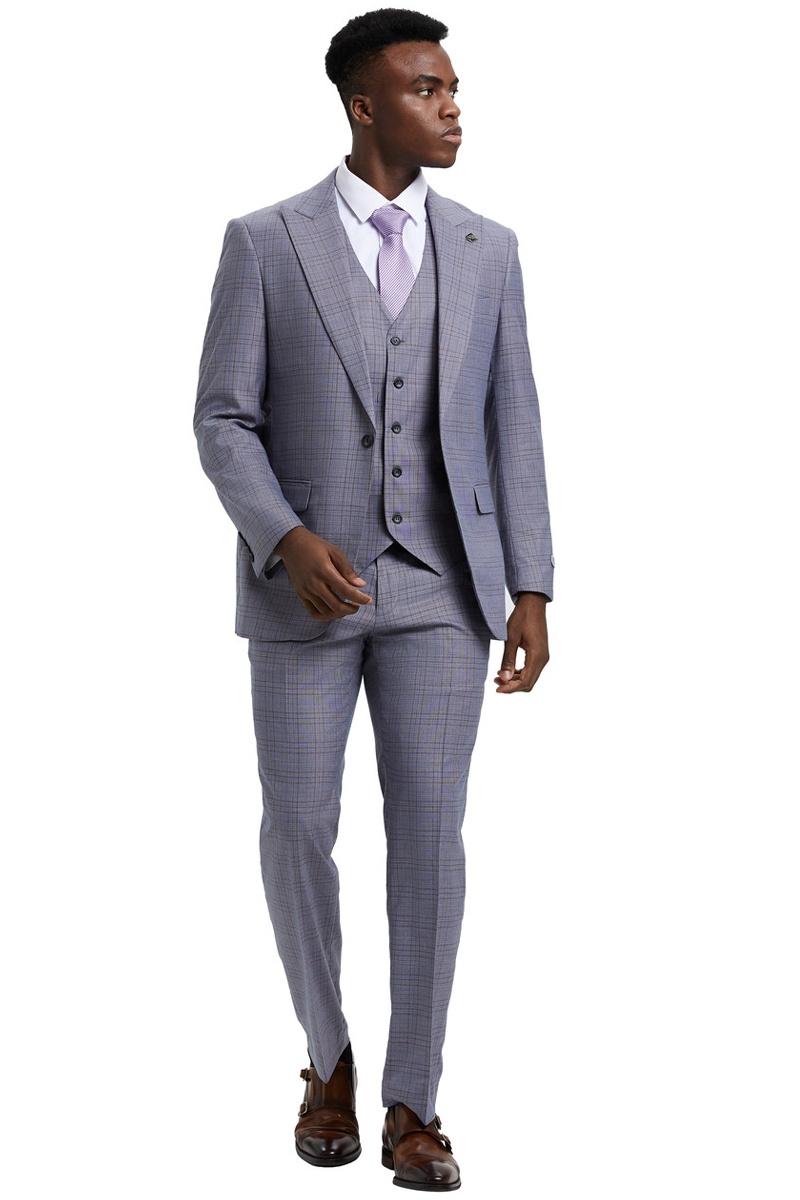 Men's Stacy Adams Vested One Button Wide Peak Lapel Windowpane Plaid Suit in Light Grey - Image 3