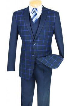 Mens 2 button Windowpane Blazer with Solid Sleeves in Navy