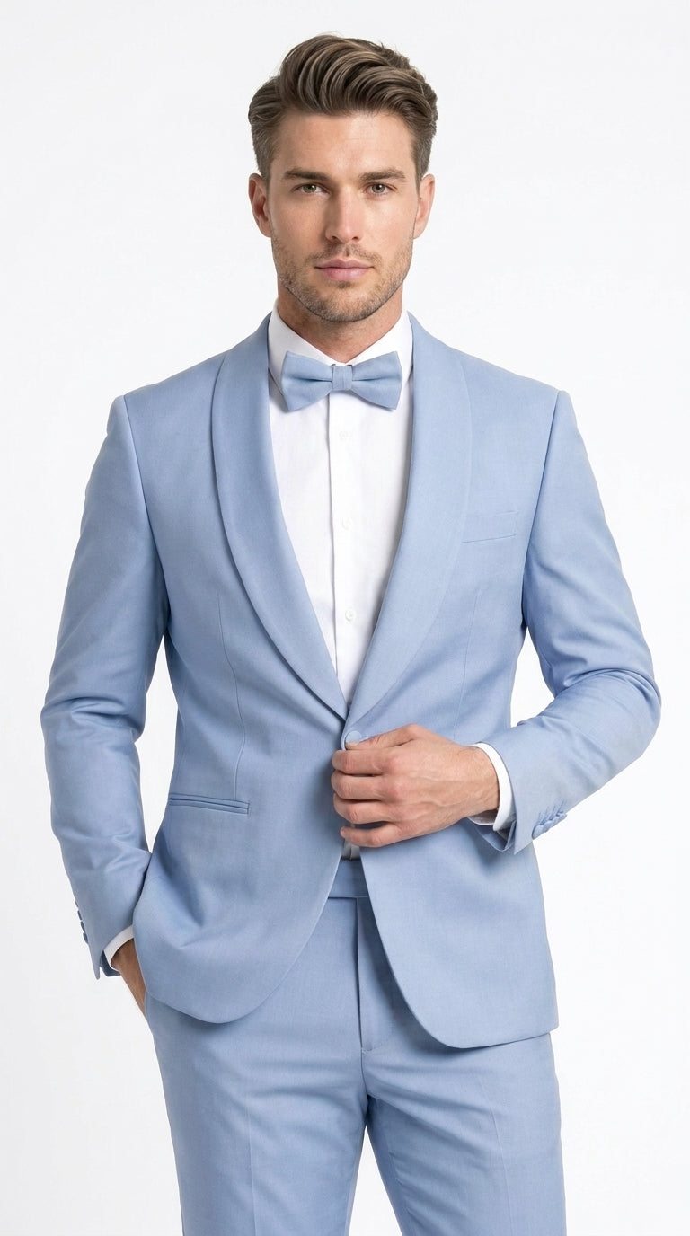 Men’s Powder Blue 3 Piece Tuxedo Suit – Light Blue Shawl Lapel Wedding Prom Suit with Vest