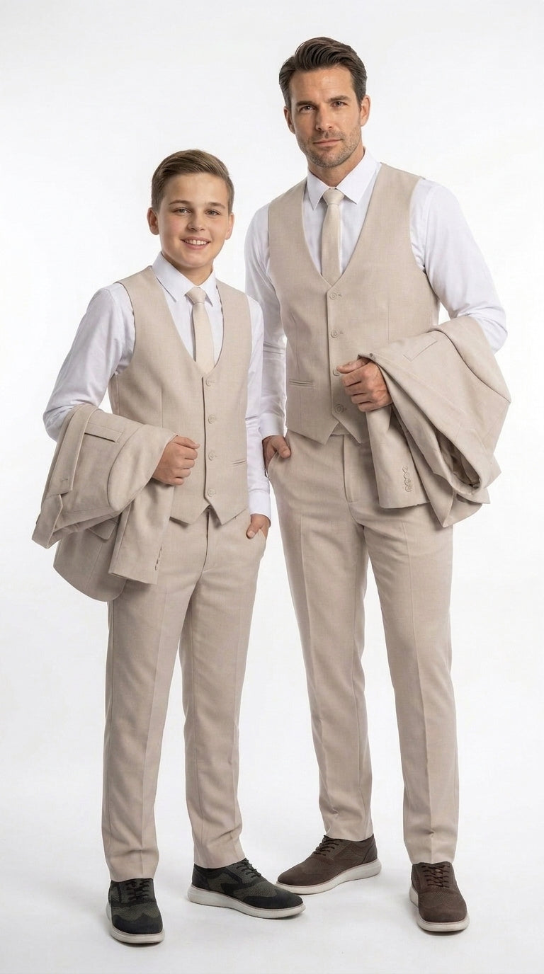 Dad & Son Matching Beige 3-Piece Suits – Father and Son Wedding Formal Suits in Tan Color