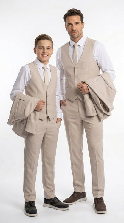 Dad & Son Matching Beige 3-Piece Suits – Father and Son Wedding Formal Suits in Tan Color