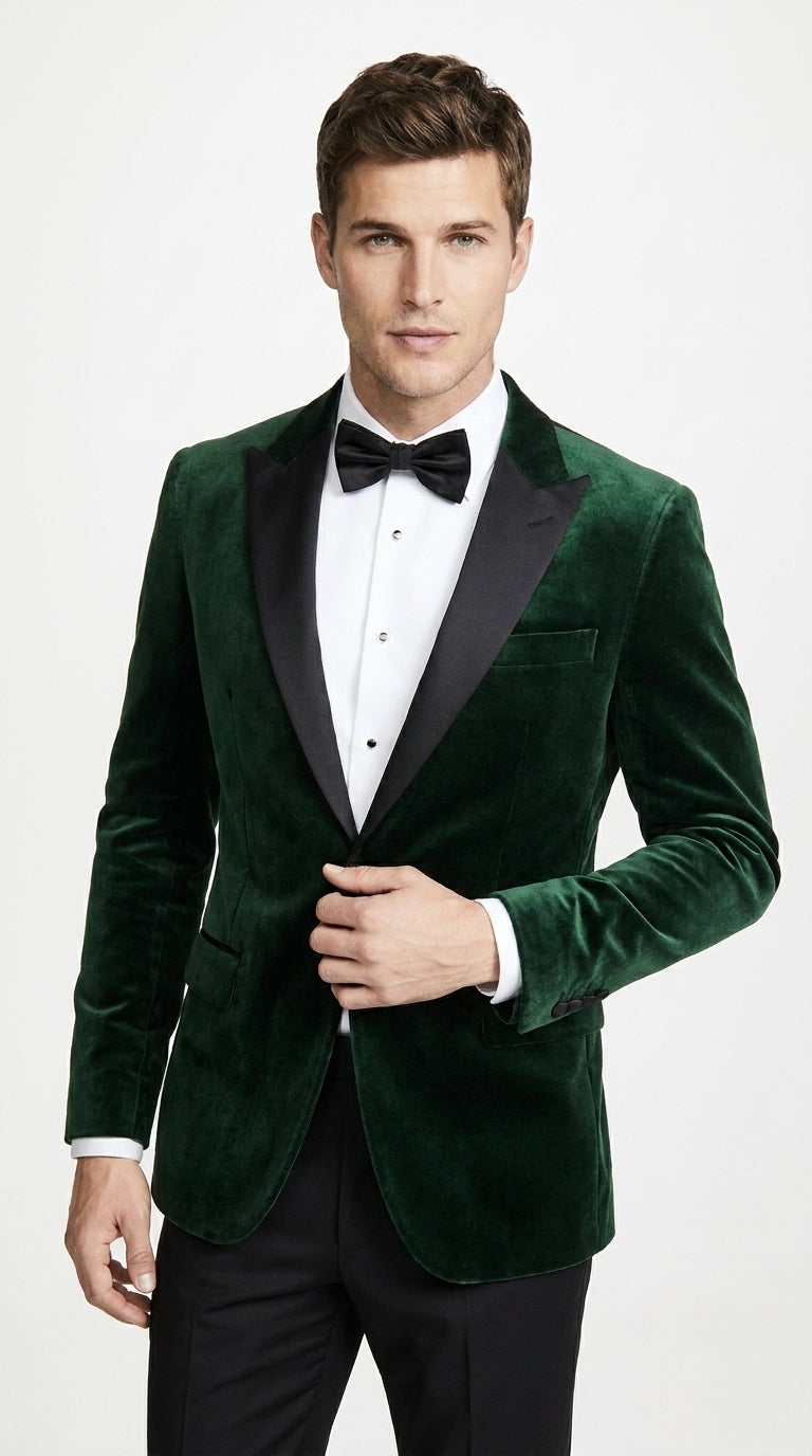 Men’s Olive Green Velvet Tuxedo Dinner Jacket – Black Satin Peak Lapel Formal Prom Wedding Blazer