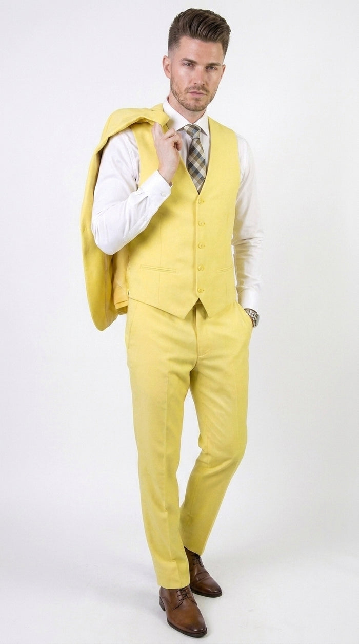 Men’s Neon Yellow Wool Suit – Bright Yellow 3-Piece Wedding, Prom & Formal Suit with Vest By Statement