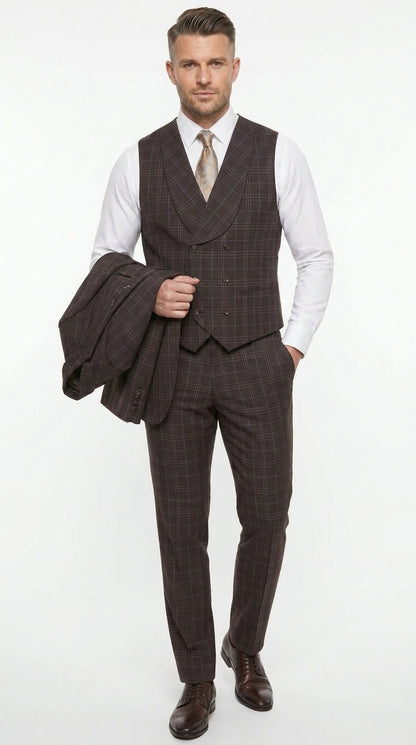 Men’s Vitali 3PC Suit – Choclate Brown and blue Plaid Check 3-Piece Suit with Double-Breasted Vest Modern Fit Side Vented