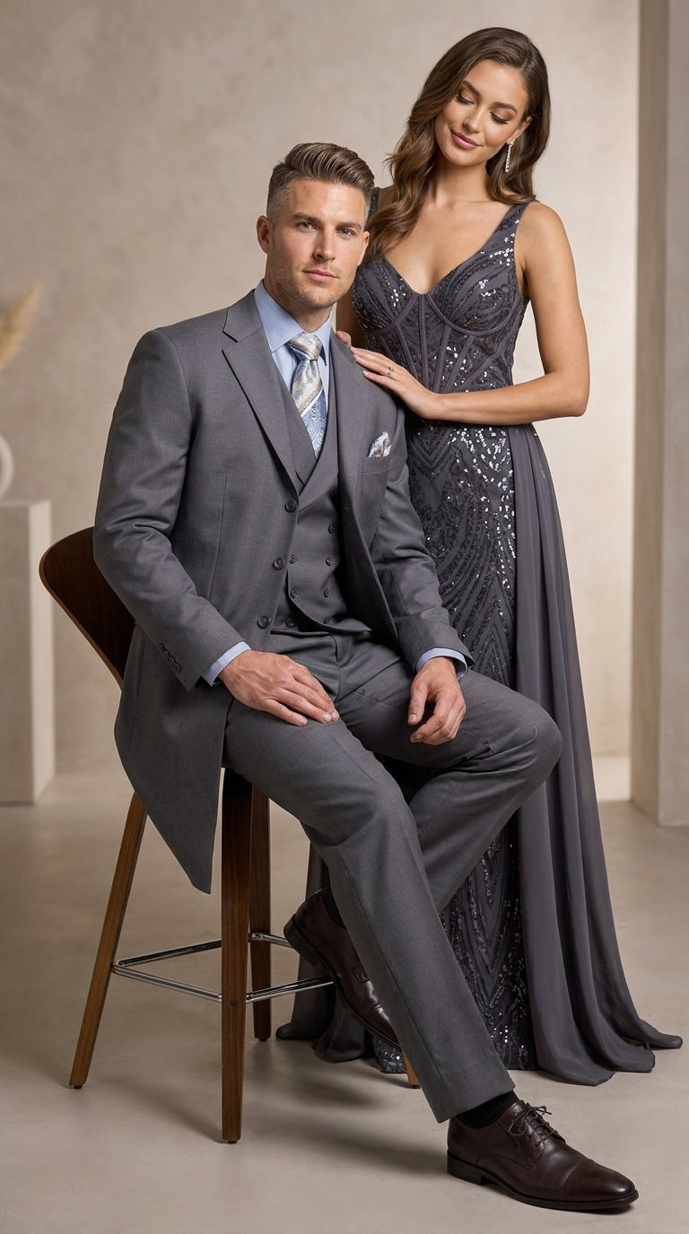 Men’s Grey 4-Button Zoot Suit – Four Buttons 3-Piece Fashion Suit with Double-Breasted Vest and Pleated Pants