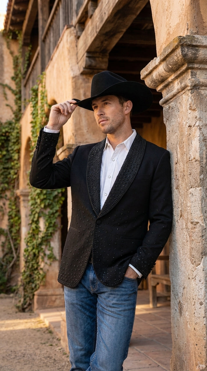 Men’s Black Western Blazer – Cowboy Tuxedo Jacket with Studded Shawl Collar with Glitter Lapel Rhinestone Lapel