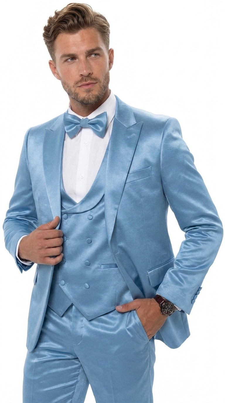 Men’s Powder Blue Satin Tuxedo – Light Blue Wedding & Prom Tuxedo Suit