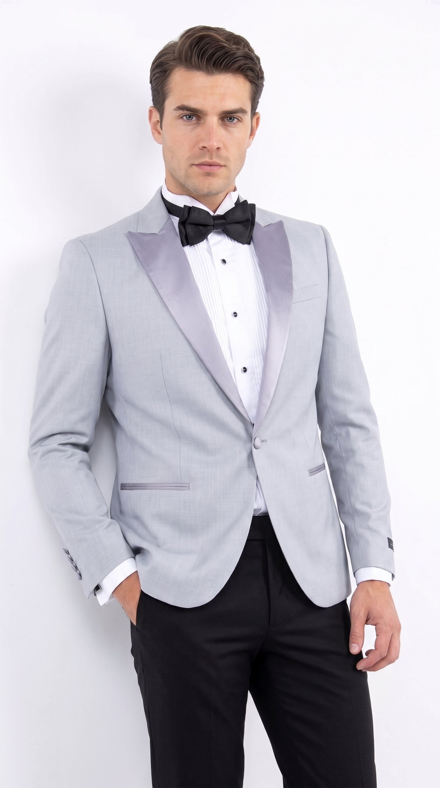 Men’s Silver Grey Dinner Jacket with Black Pants – Formal Wedding Prom Tuxedo Blazer Outfit Suit
