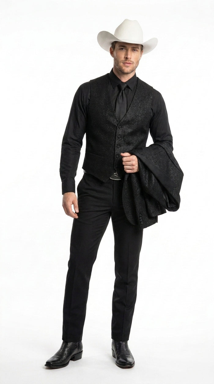 Men’s Black Western Tuxedo Blazer – Shimmer Cowboy Dinner Jacket Shiny Sparkely