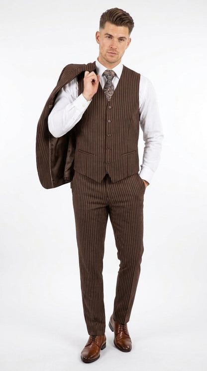 Men’s Brown Pinstripe Edwardian 3 Piece Suit – Vintage Victorian Wedding Suit with Vest