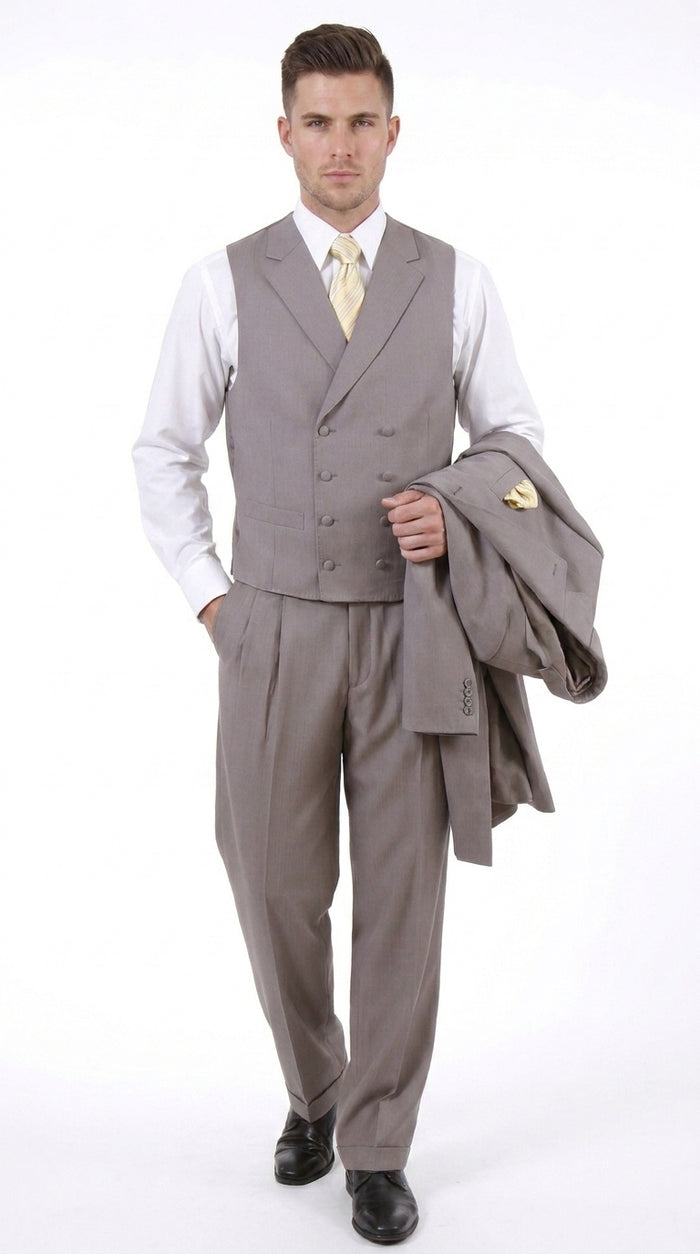 Men’s Light Kahki Sand 3-Piece Suit – Six-Button Jacket with Double-Breasted Vest and Pleated Pants Tan color Modern Fit