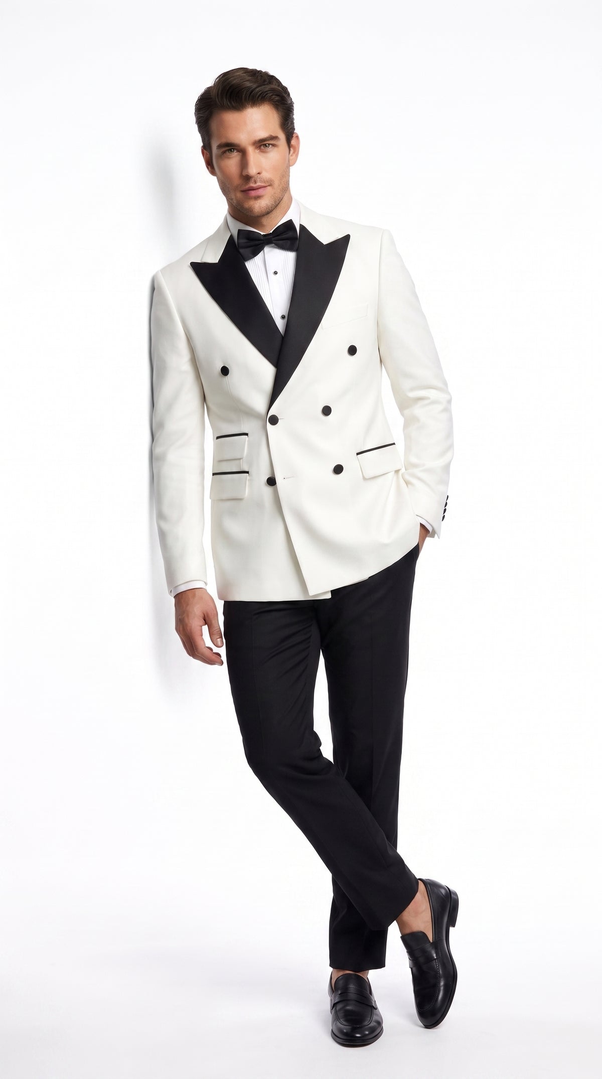 Men’s Vintage Hollywood WHITE/BLACK Double-Breasted Tuxedo – Black Peak Lapel Wedding and Formal Suit